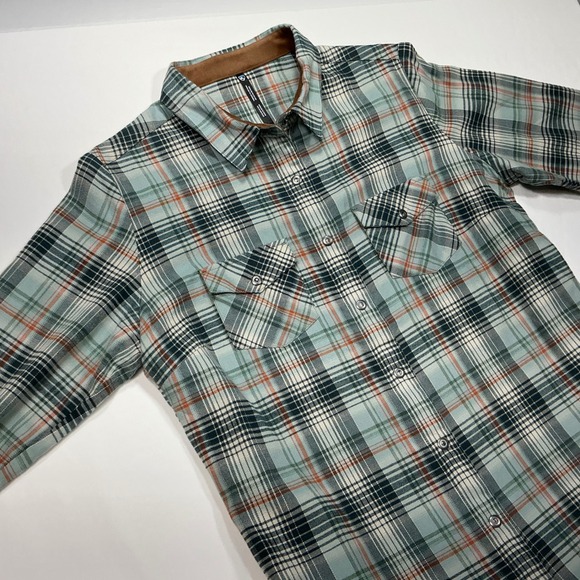 Plaid Flannel Shirt Corduroy Trim Button Up Collared Long Sleeve Green - Picture 3 of 11